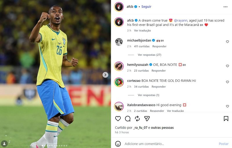 Michael B. Jordan celebra gol de Rayan e exibe bandeira do Brasil nas redes sociais