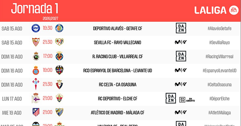 Horarios de las primeras jornadas de la Liga 26-27: ¡Todo listo para el inicio!